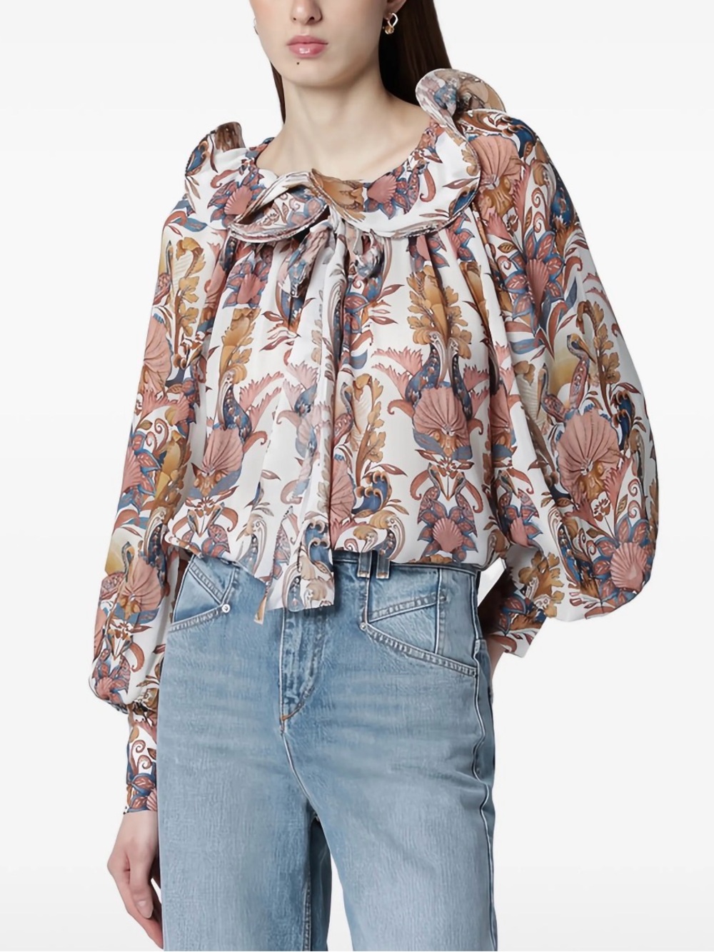 Farm Rio Sea Garden fluid ruffled print blouse